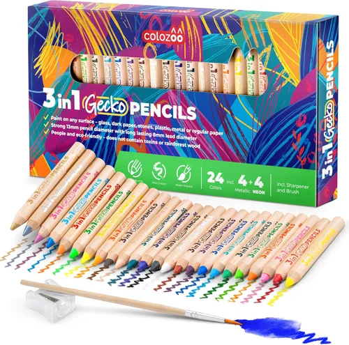 Juego de lápices de colores 3 en 1 para niños, 24 lápices de colores para niños pequeños. Lápices de colores gordos con pincel y sacapuntas, no