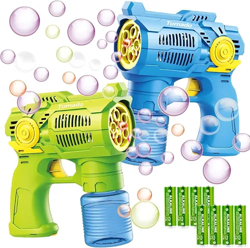 Juego de 2 pistolas de burbujas con baterías, juguetes sopladores automáticos de burbujas para niños y niños pequeños, 1 disparador de burbujas azul