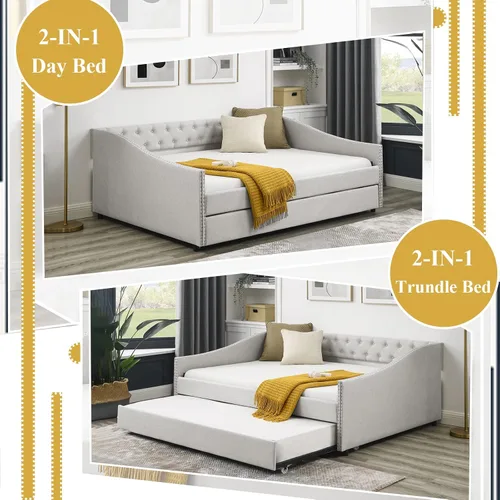 Miniatura 5 de Sofá cama matrimonial con nido, marco de cama moderno de madera con botón copetudo y cabeza de clavos, sofá cama tapizado con nido extraíble