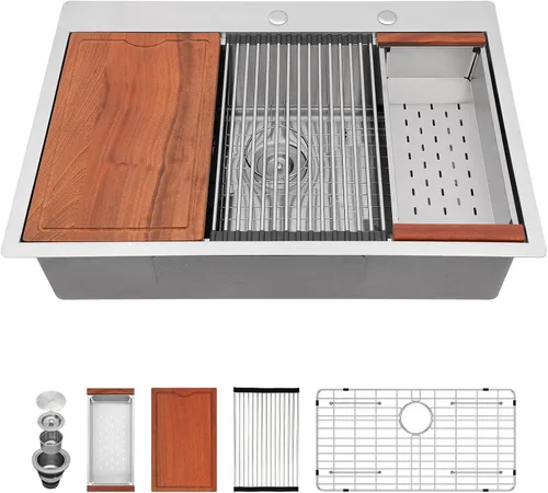 Miniatura 17 de Fregadero de cocina negro de 30"x19", estación de trabajo con revestimiento nano, acero inoxidable 304 calibre 16, hecho a mano, montaje superior