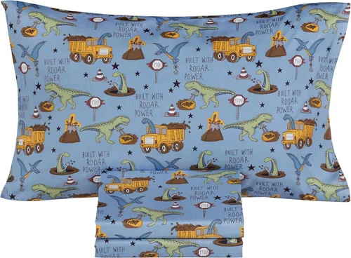 Scientific Sleep Dinosaur Building Construction Truck Vehicle 100% algodón Cozy Fun - Juego de sábanas, sábana encimera, sábana bajera y funda de