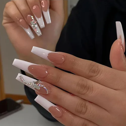 Miniatura 14 de 24 uñas postizas cuadradas de color negro brillante, de cobertura completa, con diseños de notas musicales, uñas postizas acrílicas con pegamento