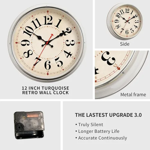Miniatura 2 de Reloj de Pared de Metal de 12.4" Relojes de Pared Retro Vintage Estilo Campestre Silencioso Sin Tictac Fácil de Leer para Sala de Estar, Cocina