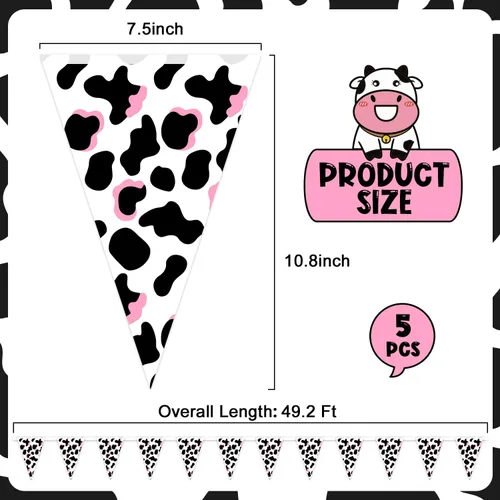 Miniatura 4 de Paquete de 6 banderines con estampado de vaca, color rosa y negro para decoración de fiesta de vaquero occidental, baby shower, temática