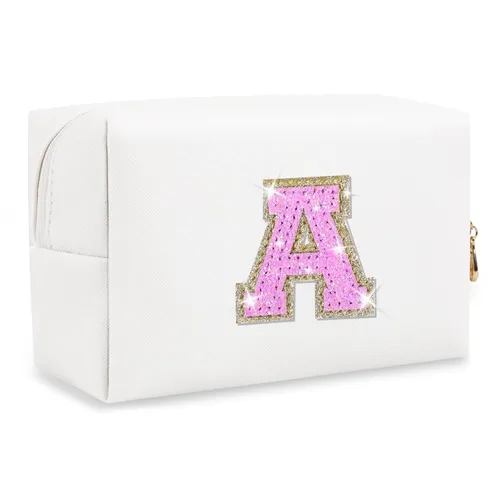 Miniatura 376 de Pequeña bolsa de maquillaje personalizada con inicial A-Z Preppy Patch, bolsa de cosméticos de viaje de felpilla blanca con cremallera, bonita bolsa