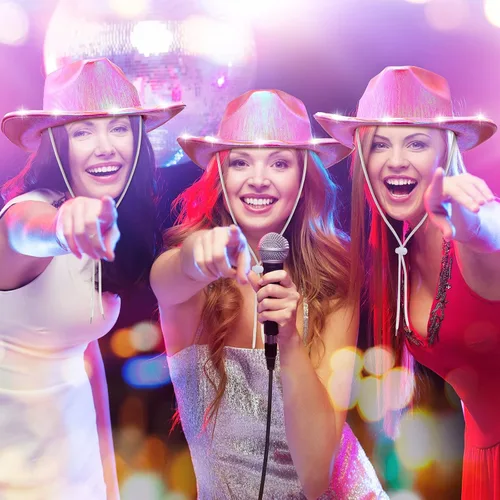 Miniatura 4 de Geyoga 6 piezas de sombrero de vaquero holográfico rosa para mujer, sombrero metálico para rave, sombrero de vaquero brillante, accesorios de fiesta