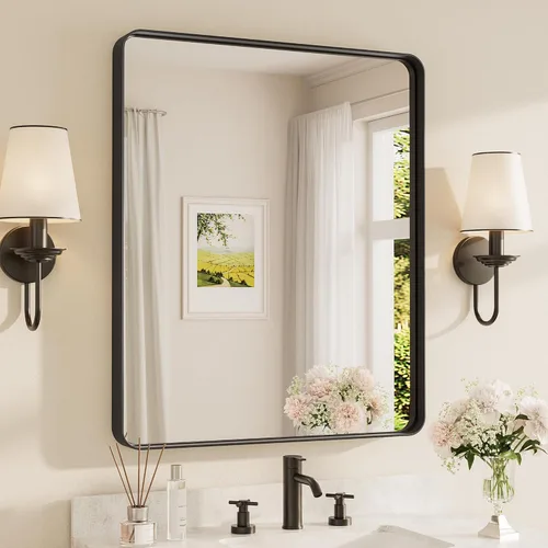 Miniatura 14 de TETOTE Espejo de marco dorado cepillado de 16 x 24 pulgadas, espejo de tocador de baño de latón dorado para pared, espejo enmarcado rectangular