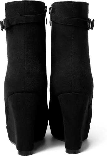 Miniatura 4 de MERRORI Bukle - Botas altas de tacón alto para mujer, puntera redonda, plataforma de gamuza sólida, de 4 pulgadas