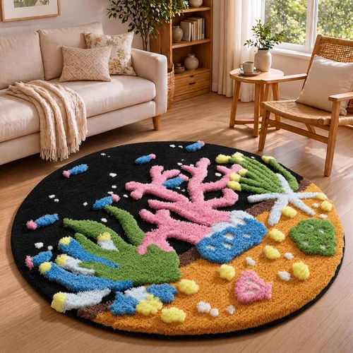 Miniatura 2 de YIHOUSE Alfombra de Área Redonda 3D, Alfombra de Coral Negro, Alfombra de Estética Moderna para Dormitorio Antideslizante de Pelo Largo Esponjosa