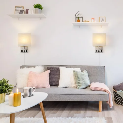 Miniatura 5 de Juego de dos apliques de pared negros, luces de pared de noche para dormitorio, aplique de pared enchufable con puertos USB y tomas, lámpara