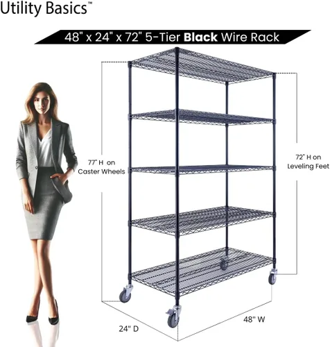 Miniatura 2 de NSF - Estantería comercial de alambre de 5 niveles con ruedas, estantes de metal resistente de 48 x 24 x 72 pulgadas, capacidad máxima de 4000 Negro