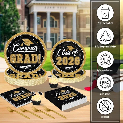 Miniatura 4 de QZYL 200 suministros para fiesta de graduación 2026, platos y servilletas de graduación negros y dorados, platos de postre desechables y tenedores
