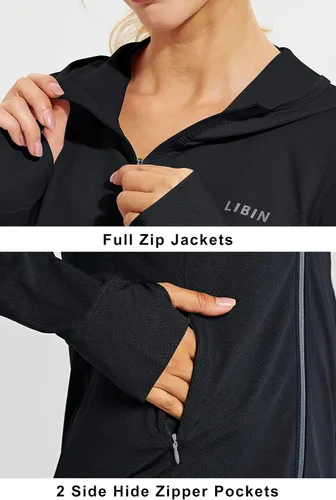 Miniatura 3 de Libin sudadera con capucha para mujer, con cremallera completa, UPF 50+, capucha con protección solar, de manga larga, para senderismo