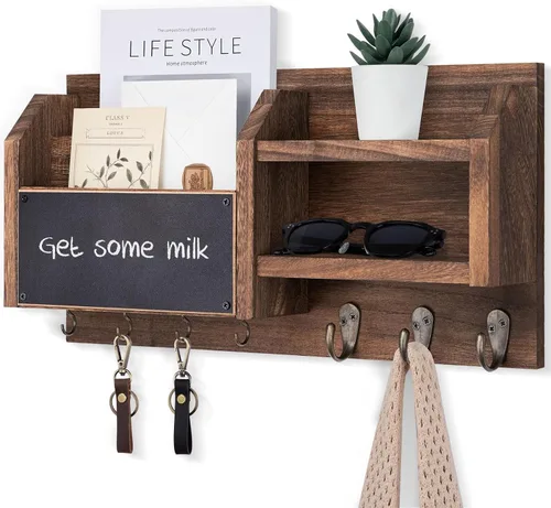 Miniatura 11 de Lwenki Soporte para llaves y correos – Colgador de pared para llaves con estante y 7 ganchos de metal – Organizador decorativo de entrada de madera