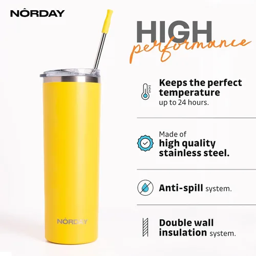 Miniatura 2 de NORDAY Vaso con tapa y popote – Flaco de 22 oz – Amarillo Vaso aislado – Vaso aislado – Vaso de acero inoxidable – Vaso de café de doble pared