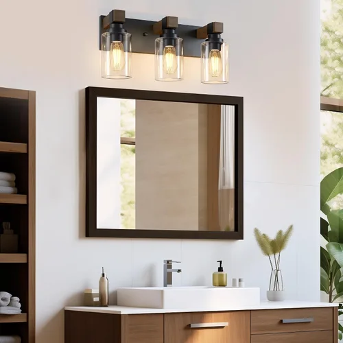 Miniatura 2 de Accesorios de iluminación de baño de granja, luces de tocador rústicas de 3 luces en madera para baño, iluminación de apliques de pared vintage
