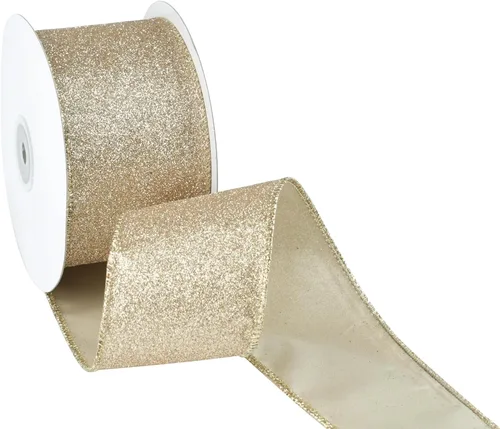 MAYREEL - Cinta decorativa de 2.5 pulgadas, 10 yardas, color champán con alambre, brillo pálido dorado, para decoraciones navideñas, envolver
