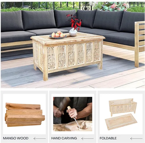 Miniatura 4 de Mesa de café rectangular de The Wooden Town – Acabado lavado blanco de 36x18 pulgadas Moderna mesa central de madera para sala de estar Mesa