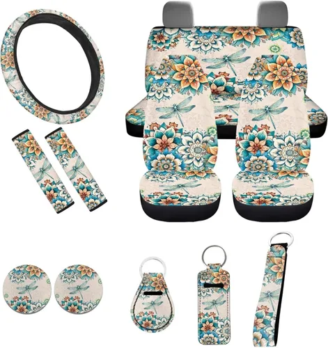 Miniatura 9 de Accesorios estéticos para automóvil, juego completo de fundas de asiento de automóvil con flores bohemias para mujeres, damas, juego de decoración
