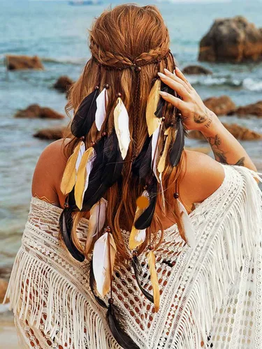 Miniatura 8 de GORTIN Diadema de plumas bohemias, disfraz gitano, tocado negro, bohemio, hippie, banda para el pelo para festival indio, accesorio para el cabello