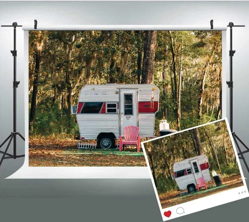 Miniatura 8 de Fondo de campamento para fiesta, campamento, 5 x 3 pies, bosque soleado, caravana, remolque, paisaje de naturaleza, fotografía de fondo, utilería
