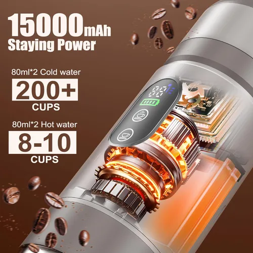 Miniatura 6 de Cafetera Portátil para Café con 2 Baterías Recargables, 8 Tazas, 20 bares, USB-C, Cafetera de Espresso para Camping, Viaje, Oficina, Compatible