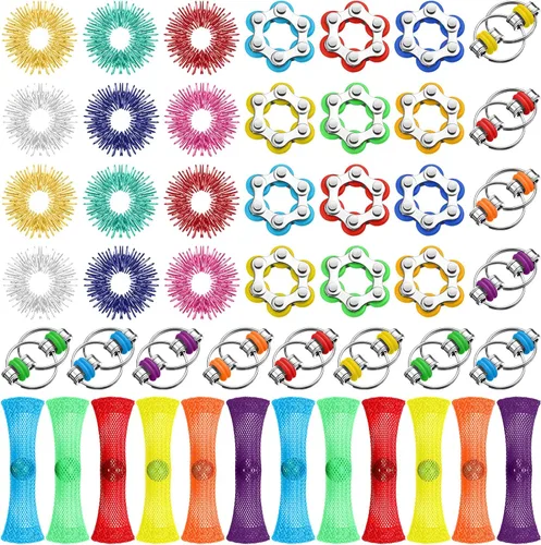 Jexine 48 piezas sensoriales para aliviar el estrés, incluye anillos sensoriales con pinchos, cadena de rodillo, cadena de 6 ruedas para bicicleta,