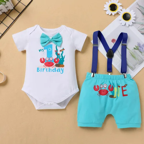 Miniatura 2 de IMEKIS Conjunto de ropa para bebé niño con estampado de pastel de 1er cumpleaños con corbatín + tirantes + pantalones cortos + corona de baloncesto