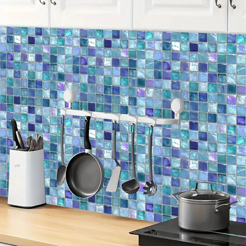 Miniatura 7 de Baldosas de Piso Despegar y Pegar 12x12 Pulgadas Patrón de Mosaico de Vidrio Azul Morado Piso de Vinilo Autoadhesivo Tablones Cuadrados para Cocina