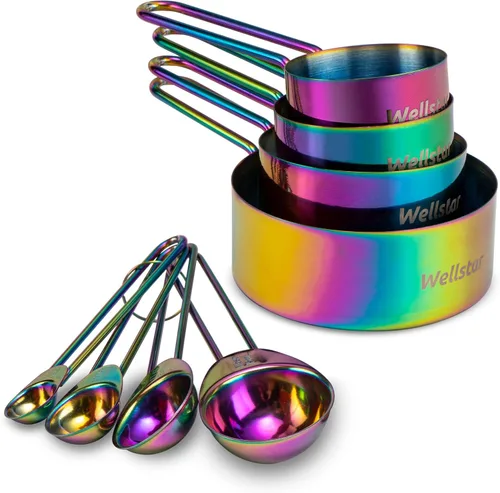 WELLSTAR Juego de 8 tazas y cucharas medidoras de acero inoxidable 18/8 de grado alimenticio para medición de líquidos secos, accesorios de cocina