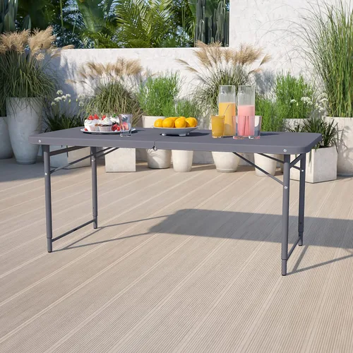 EMMA + OLIVER Mesa plegable de plástico gris oscuro biplegable de altura ajustable de 4 pies con asa