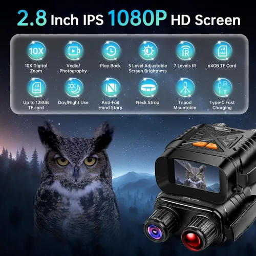 Miniatura 8 de Gafas de visión nocturna, prismáticos de visión nocturna para adultos, zoom digital 10X, binoculares infrarrojos 7X con tarjeta TF de 64 GB