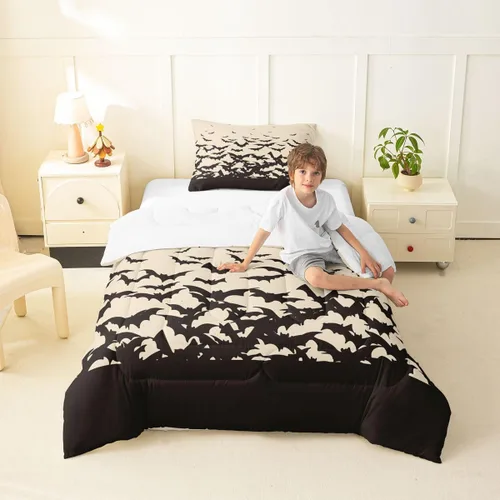 Feelyou Juego de edredón de murciélago para niñas y niños, tamaño individual, edredón de Halloween decorativo en blanco y negro, juego de ropa de