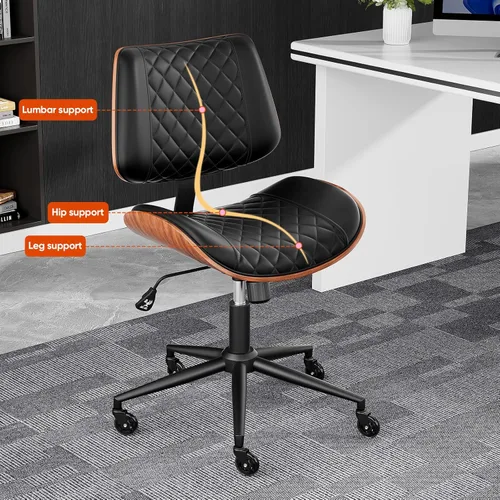 Miniatura 5 de Silla de escritorio de oficina en casa con ruedas giratorias, moderna silla de oficina sin brazos de piel sintética, pequeña silla de computadora