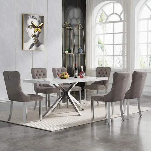 Miniatura 17 de HomVent Juego de mesa de comedor rectangular para 4, juego de mesa de cocina rectangular, juego de mesa de comedor de mármol sintético, juego