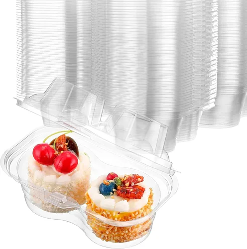 Miniatura 8 de Eaasty 100 recipientes de plástico con 2 compartimentos para cupcakes, caja de soporte para cupcakes profundos con tapas, contenedor apilable