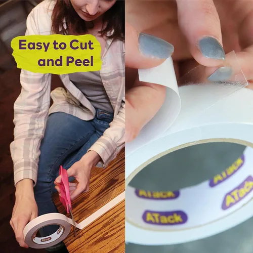 Miniatura 5 de ATack Cinta Transparente de Doble Cara, Fácil de Rasgar a Mano, 2 Pulgadas x 30 Yardas, Segura para Paredes, de Servicio Pesado, Cinta de Tela