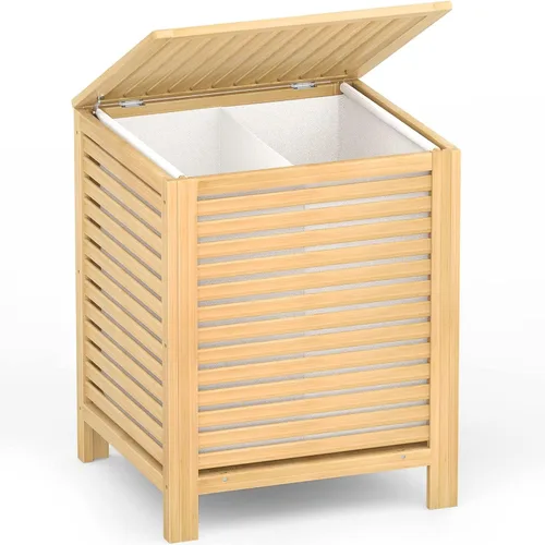Homykic Cesta de lavandería de bambú con tapa, clasificador grande de ropa de 120L con bolsa de forro de 2 secciones extraíble, organizador de cesta