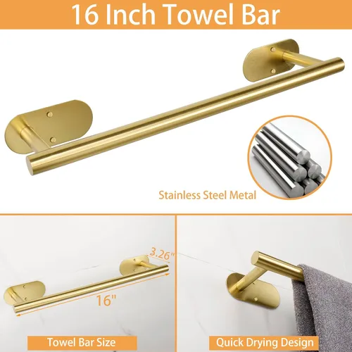 Miniatura 4 de TocTen Juego de 5 toallas para montar en la pared o autoadhesivas, juego de accesorios de baño de acero inoxidable que incluye toallero de 16 Oro