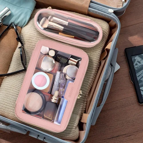 Miniatura 3 de Soimeat Bolsa de Maquillaje Transparente de Viaje con Bolsa de Brochas de Maquillaje, Estuche de Maquillaje de Cuero Bolsa de Tocador, Bolsa de Rosa