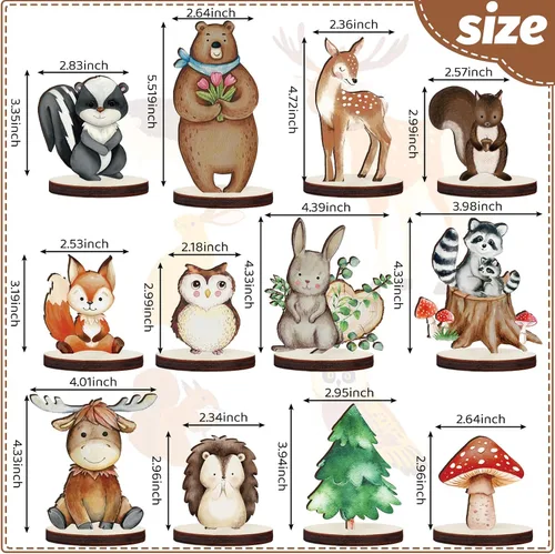 Miniatura 5 de Geetery 12 piezas de animales del bosque, formas de animales de madera recortadas, decoración pintada del bosque para baby shower, criaturas