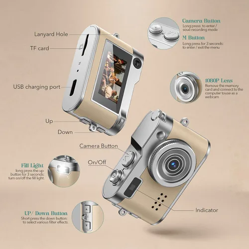 Miniatura 8 de Cámara Digital Mini HOTU, Cámara Llavero 1080P HD con Lente de 2MP, Flash, Grabación de Vídeo, Tarjeta de 32G Incluida, Cámara Retro Portátil