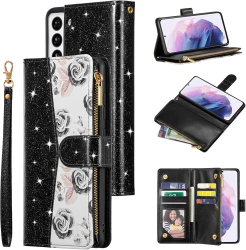 UEEBAI Funda tipo cartera para Samsung Galaxy A13 5G, de piel sintética, cierre magnético, bolsillo con cremallera, ranuras para tarjetas con correa