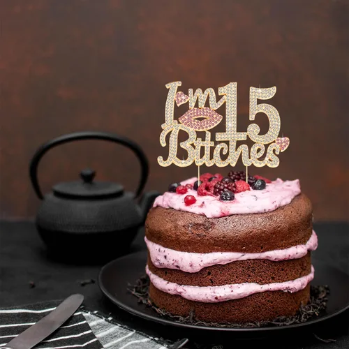 Miniatura 6 de ¡Soy el topper de pastel de cumpleaños número 15 divertido en oro y rosa con strass - ¡Feliz cumpleaños número 15, saludos a los quince años!