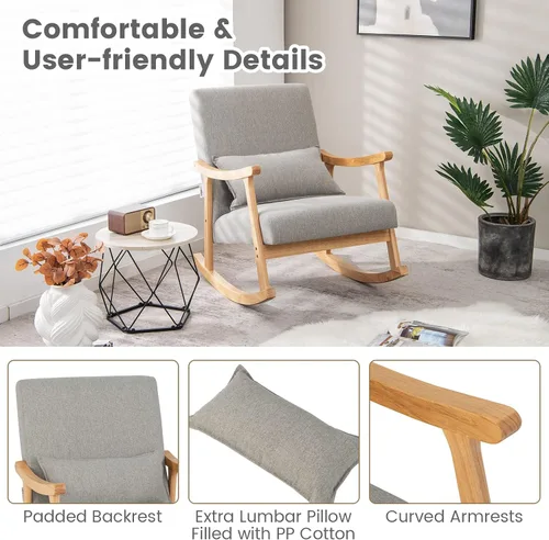 Miniatura 7 de Giantex Mecedora tapizada – Moderna mecedora con marco de madera de goma, cómodo respaldo y asiento, almohada acolchada de polipropileno, mecedora