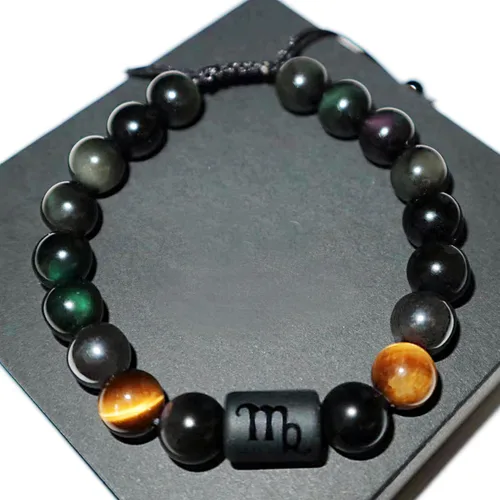 Miniatura 51 de Pulseras de la amistad, pulsera de obsidiana negra arcoíris para mujeres y hombres, 0.394 pulgadas (0.394 in), ojo de tigre, hematita y cristal