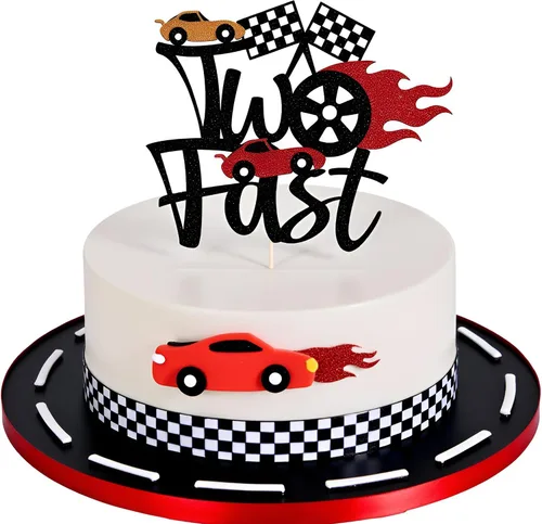 Miniatura 2 de Sleyberoy Dos adornos para tartas de carreras rápidas, tema de bandera a cuadros, aniversario del club de fans de carreras, baby shower, suministros