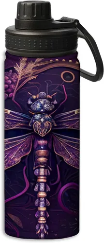 Miniatura 9 de Botella de agua deportiva a prueba de fugas con diseño de conejito junto a flores lilas, 18 onzas, de acero inoxidable duradero de doble pared