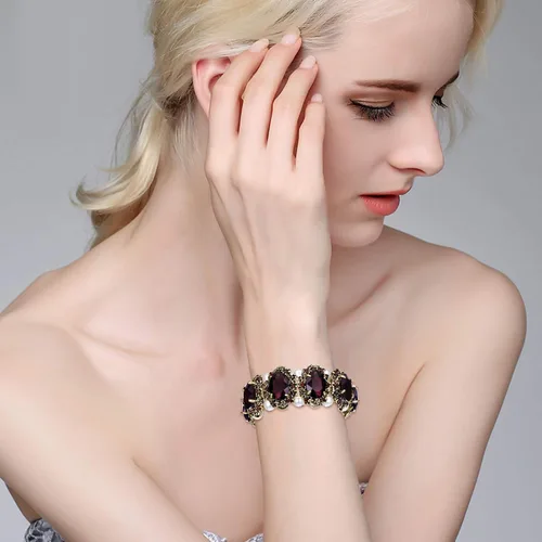 Miniatura 4 de BriLove Pulsera elástica ovalada inspirada en camafeo con perlas de imitación de cristal de estilo victoriano