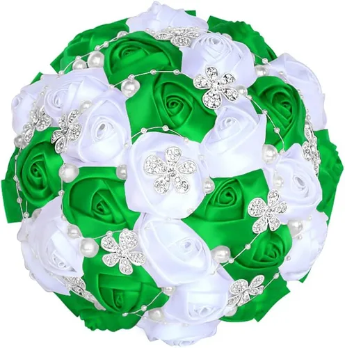 Miniatura 6 de Sharebeauty Ramo de novia de satén hecho a mano de 5.9 pulgadas, ramo de boda, ramo de flores artificiales, color azul claro + blanco W224
